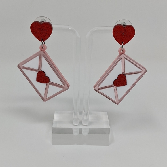 Valentine's Day White with Red Heart Envelope Acrylic Drop Earrings - Picture 3 of 6